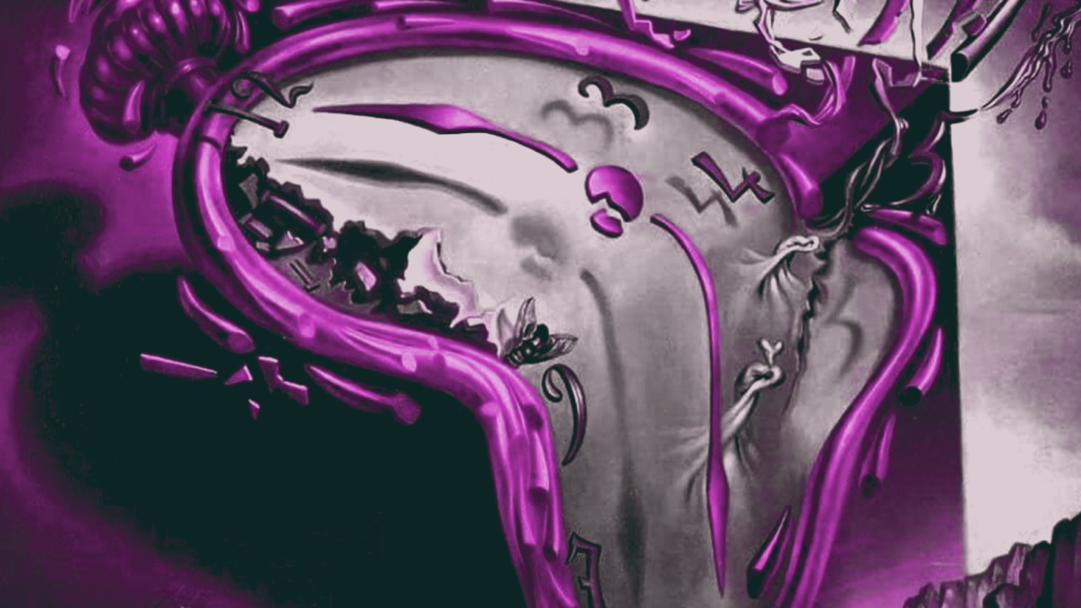 A surreal, melting clock inspired by Salvador Dalí’s The Persistence of Memory, with distorted numbers and a warped frame. The image is edited in purple and black tones, emphasizing a dreamlike quality. A fly rests on the clock face, adding to the sense of decay and transformation. The artwork symbolizes how disability changes time perception, evoking themes of altered rhythms, delays, and nonlinear experiences of time