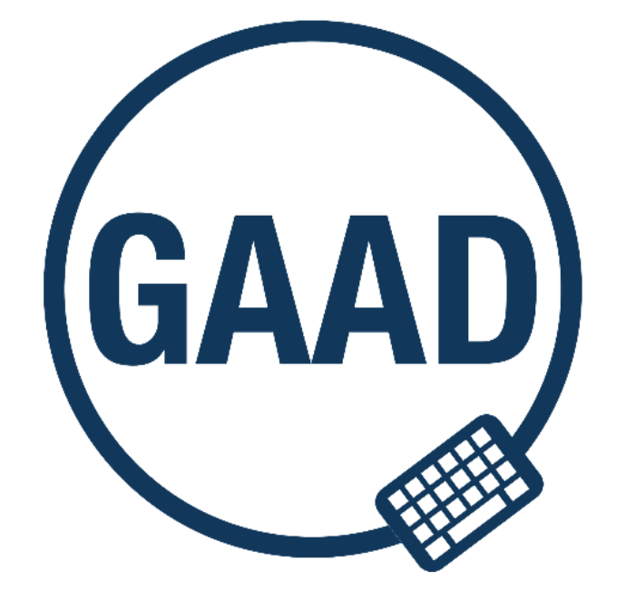 The GAAD logo, which is the word GAAD in navy blue font, enclosed in a circle with a small keyboard graphic, which sits at a roughly 5 o'clock position on the circle.