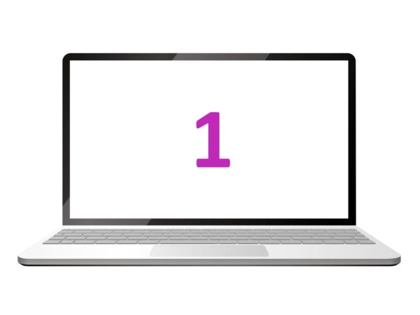 A laptop displaying a large purple number one. 