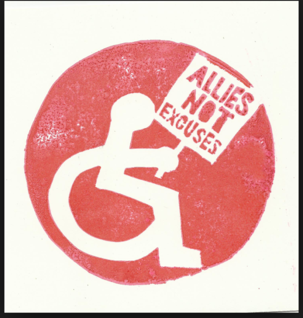 a Red block print on white background- a wheelchair user holding a placard that reads 'Allies not Excuses'