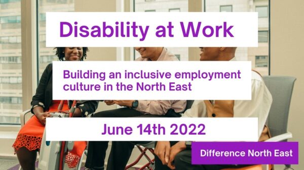 Flyer for the disability at work summit. 3 people at work in an office, smiling, in discussion with one another.