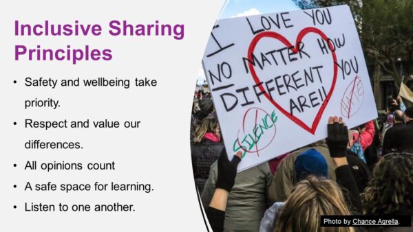 A slide outlining our inclusive learning principles. The image shows a group of people at a protest holding a sign that reads 'I love you no matter how different you are!'