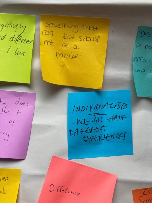 A selection of different coloured post-it notes describing what disability might mean to people.