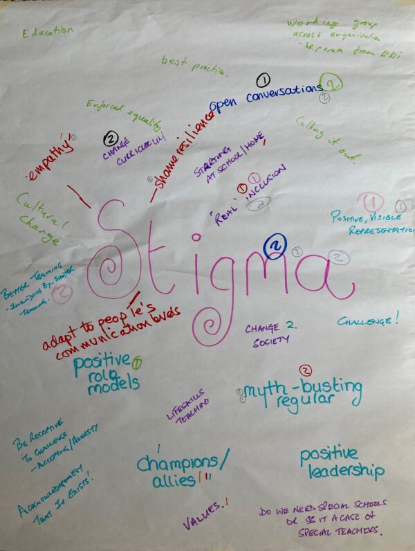 A brainstorm of ideas about disability stigma, handwritten in different coloured felt pen.