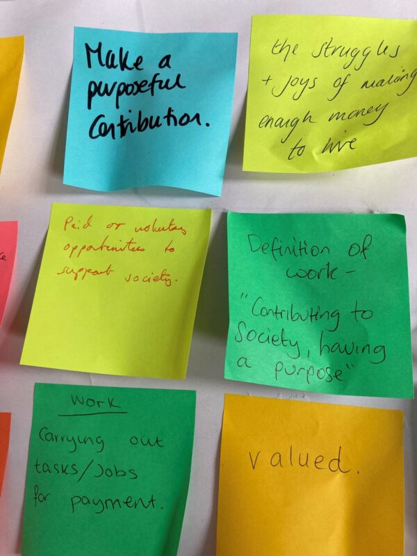 A selection of different coloured post it notes describing what work might mean to people
