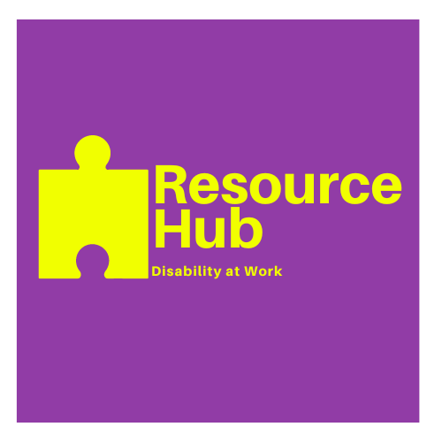 Yellow test against a purple background. The text read 'Resource Hub, disability at work. There is a yellow graphic of a puzzle piece.