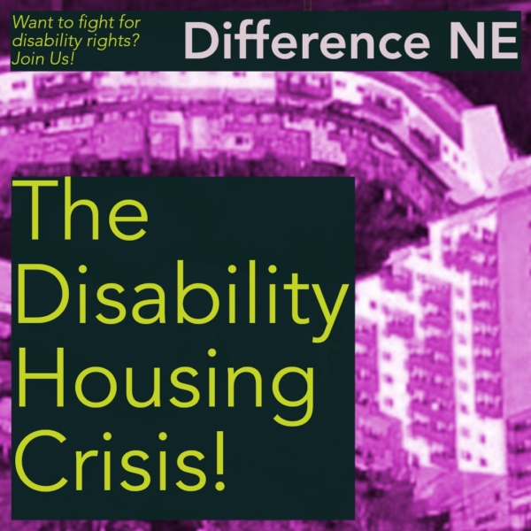 Top Text reads – “What to fight for disability rights? Join Us!" Difference NE. Main title reads "The disability housing crisis" The back ground image is an arial photograph of the Byker Wall, coloured purple 
