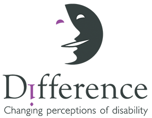 Difference logo: this consists of a representation of a face which is smiling, one side of the face is light and has a purple eye, the other side of the face is in darkness and has a white eye, the smile crosses from the light side to the dark side of the face. Underneath the smiling face are the words difference changing perceptions of disability