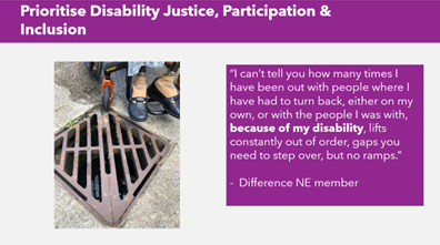 Prioritise Disability Justice, Participation and inclusion.