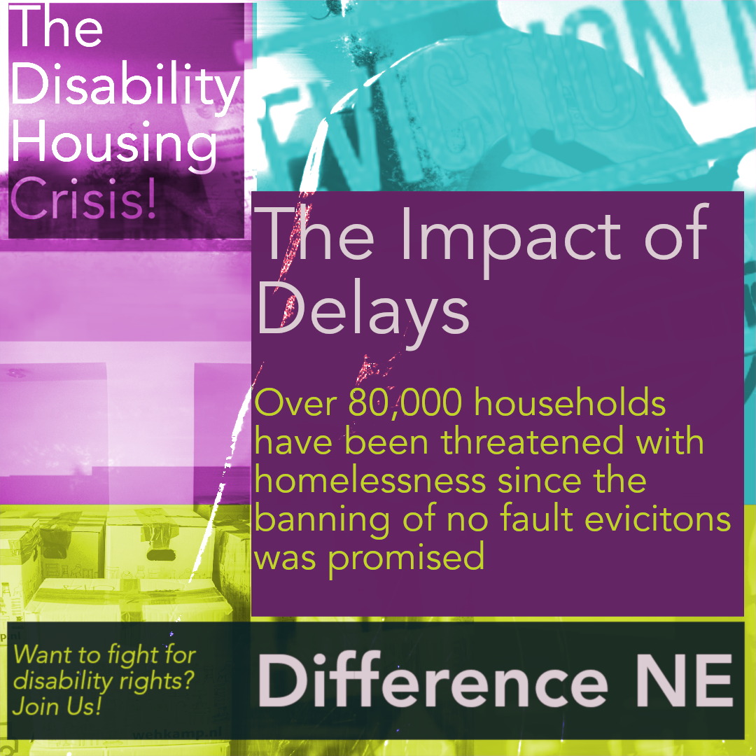 Text reads 'The Impact of Delays. Over 80,000 households have been threatened with homelessness since the banning of no fault evicitons was promised'