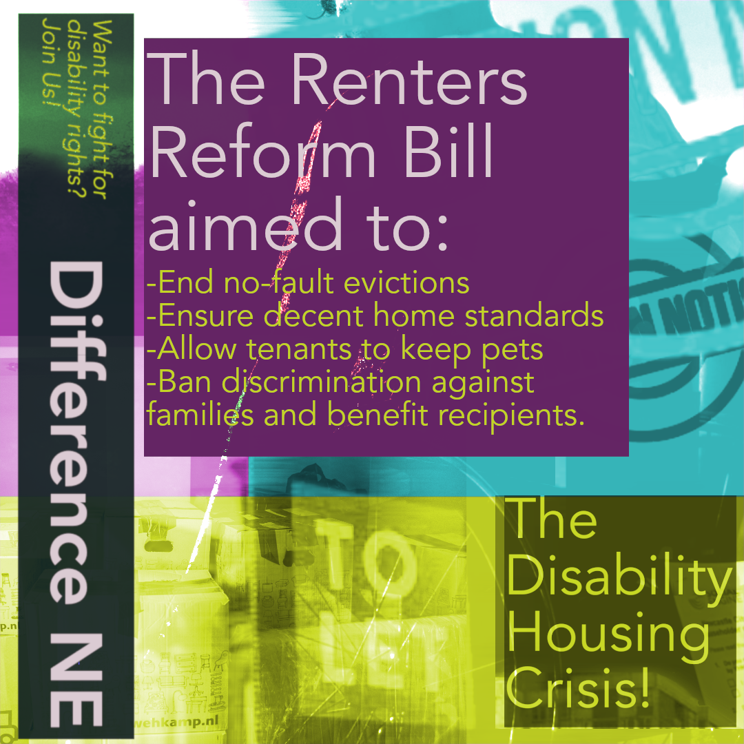 Text reads "The Renters Reform Bill aimed to:
-End no-fault evictions
-Ensure decent home standards
-Allow tenants to keep pets
-Ban discrimination against families and benefit recipients."