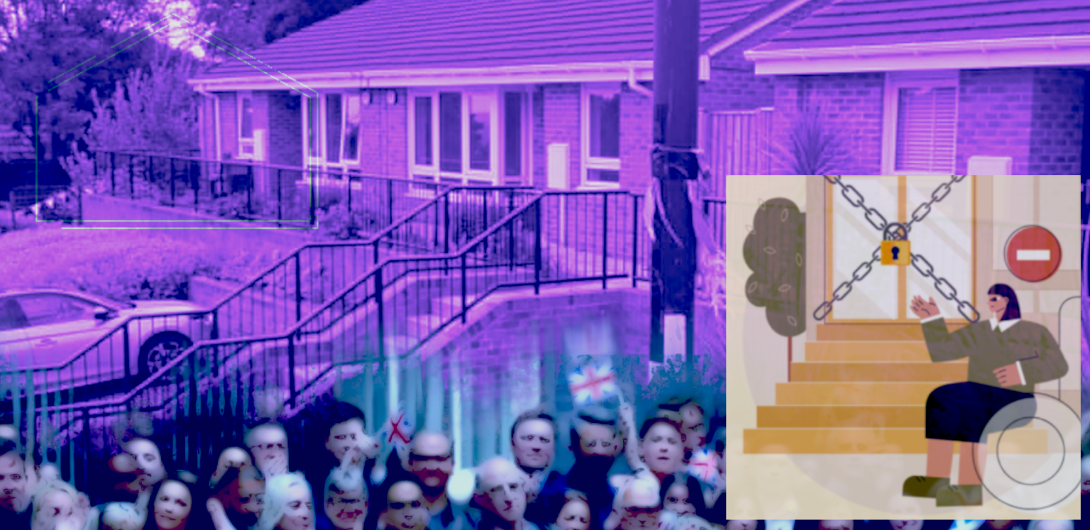 A collage highlighting barriers to accessible housing. The background features a residential building with ramps, overlaid with a purple hue. At the bottom, members of the Labour Party are celebrating a general election victory, holding flags and cheering. On the right, a graphic of a wheelchair user is depicted in front of chained stairs with a lock, symbolizing inaccessibility