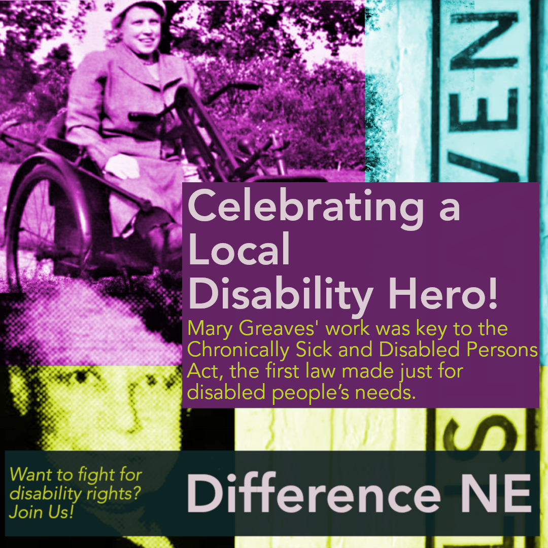 Image Description
Old black and white photo of Mary Greaves in a wheelchair trike, colourised purple. Text in the textbox is repeated in the main body of the post.