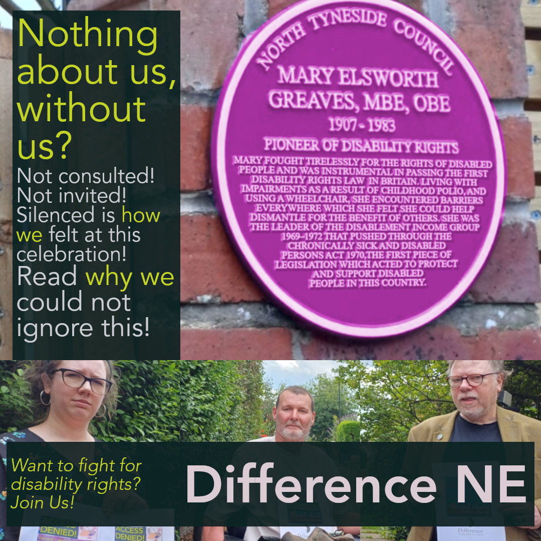 Text on the left hand side reads "Nothing about us, without us? Not consulted! Not invited! Silenced is how we felt at this celebration! Read why we could not ignore this!" on the right hand side is a plaque for Mary Greaves colourised purple. at the bottom of the image are 3 people holding up flyers.