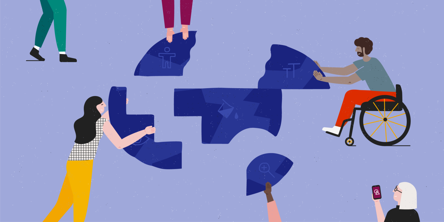 Illustration of a group of people each holding a diofferent piece of a circle. The group is moving to reassemble the circle with the pieces.