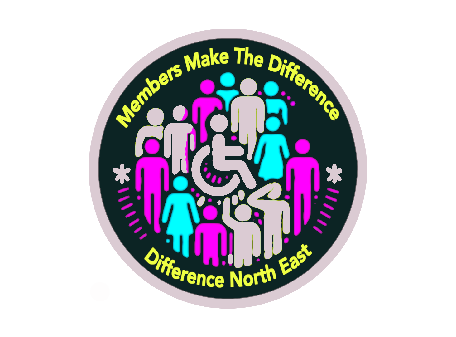 Circular logo of illustrated symbols of people. Central is the wheelchair symbol. Around the side is text that reads “members make the difference”, “Difference Noth East”.