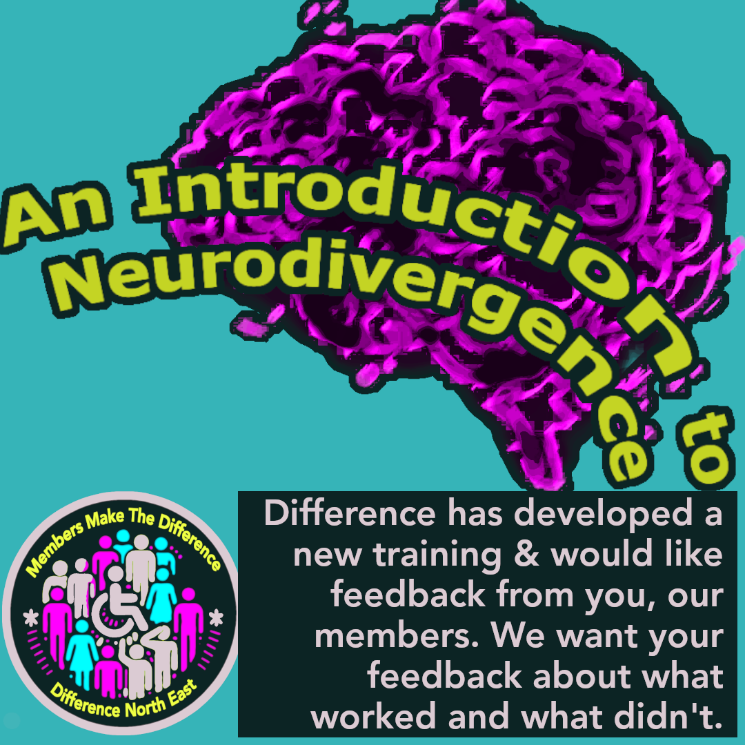 a purple cloud or maybe a brain, overlaid text reads 'An Introduction to Neurodivergence' other text reads 'Difference has developed a new training & would like feedback from you, our members. We want your feedback about what worked and what didn't.''Members Make the Difference, Difference North East'