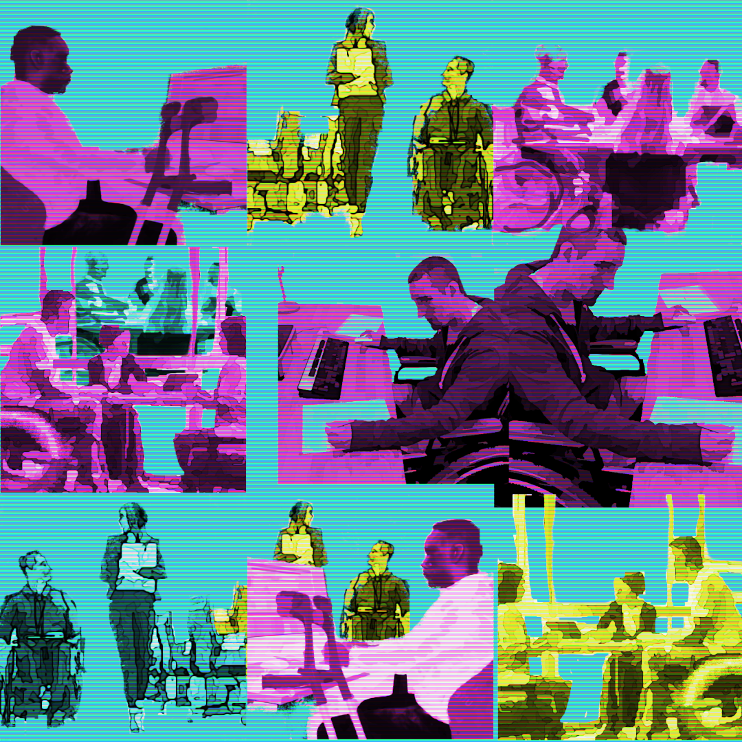 A digital collage-style artwork featuring people with disabilities in various work and social settings. The image has a glitch-art aesthetic with vibrant colors like pink, yellow, and blue, and horizontal scan lines. Scenes include a person using crutches working at a computer, a wheelchair user engaged in a discussion, a group meeting around a table, and a professional standing and addressing colleagues. The composition emphasizes inclusion and accessibility in professional and social environments.