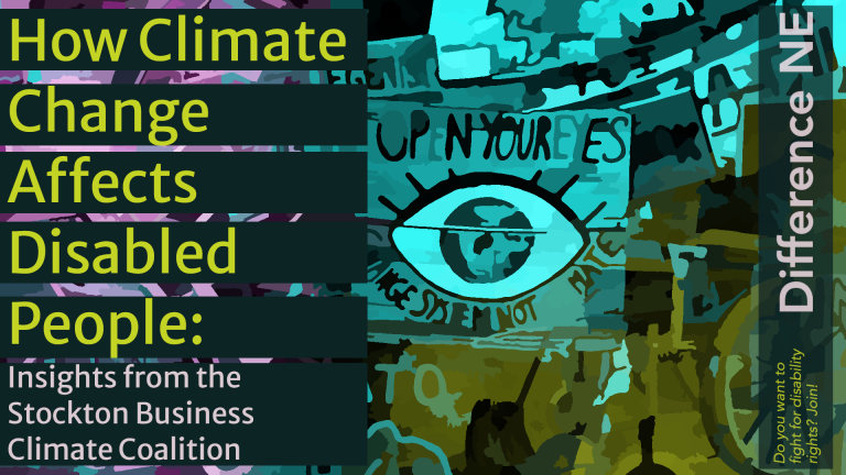 A stylized, digitally illustrated graphic with a bold, high-contrast color palette of blues, greens, and purples. On the left side, large text in yellow and white reads: "How Climate Change Affects Disabled People: Insights from the Stockton Business Climate Coalition." On the right, an abstract mural-style background features an eye with the Earth in its iris, surrounded by text that says, "Open Your Eyes." A dark vertical banner on the right reads "Difference NE" with a smaller tagline below: "Do you want to fight for disability rights? Join!