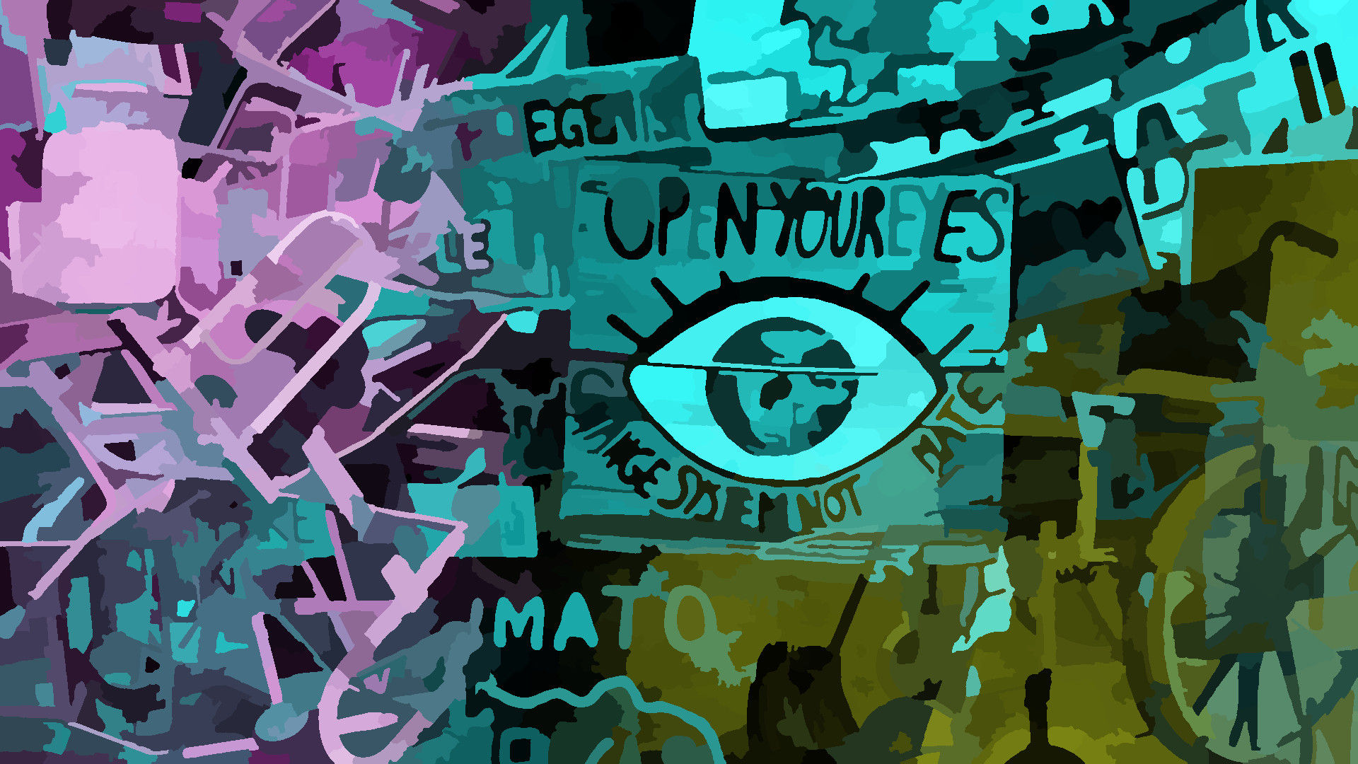 A digitally stylized collage with abstract elements in shades of blue, green, and purple. On the right side, there is a prominent eye symbol with the Earth in its iris, surrounded by bold text that reads "Open Your Eyes." Below the eye, the phrase "Change Starts Now" is partially visible. The left side of the image is filled with overlapping shapes resembling medical equipment, such as syringes, crutches, and wheelchairs, hinting at themes of disability and healthcare. The right side features gears and machinery, evoking a sense of industry and environmental change. The overall composition has a graffiti-like texture, blending social and environmental justice themes.