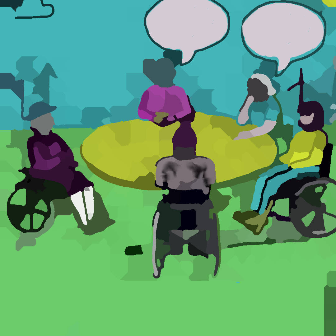 A stylized digital illustration of a group of disabled people sitting around a round yellow table outdoors, engaged in discussion. Some individuals are using wheelchairs, while others are seated on chairs. Two empty speech bubbles hover above the group, indicating conversation. The background features a blue sky and green grass.