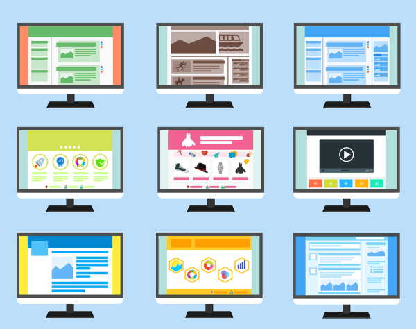POUR Guidelines WCAG Accessibility Principles. An illustration of 9 computer screen, each with a different theme on the screen from video content, to graphs to writing