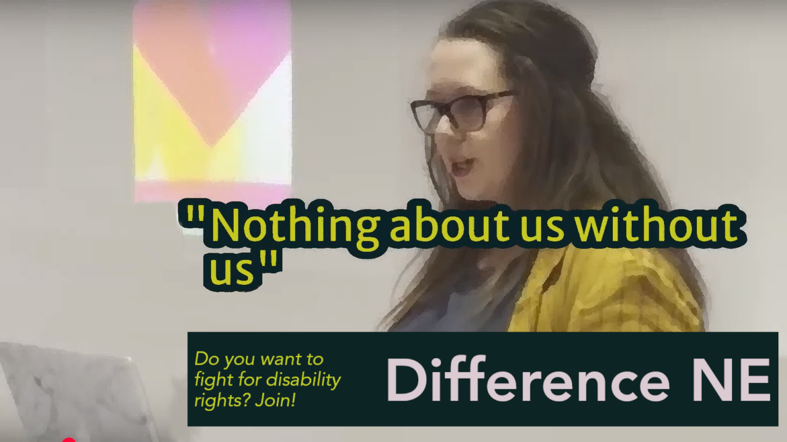 Disabled artist and Chair of Unfolding Theatre, speaks passionately about disability rights. Text overlay reads: 'Nothing about us without us. Do you want to fight for disability rights? Join Difference NE!'