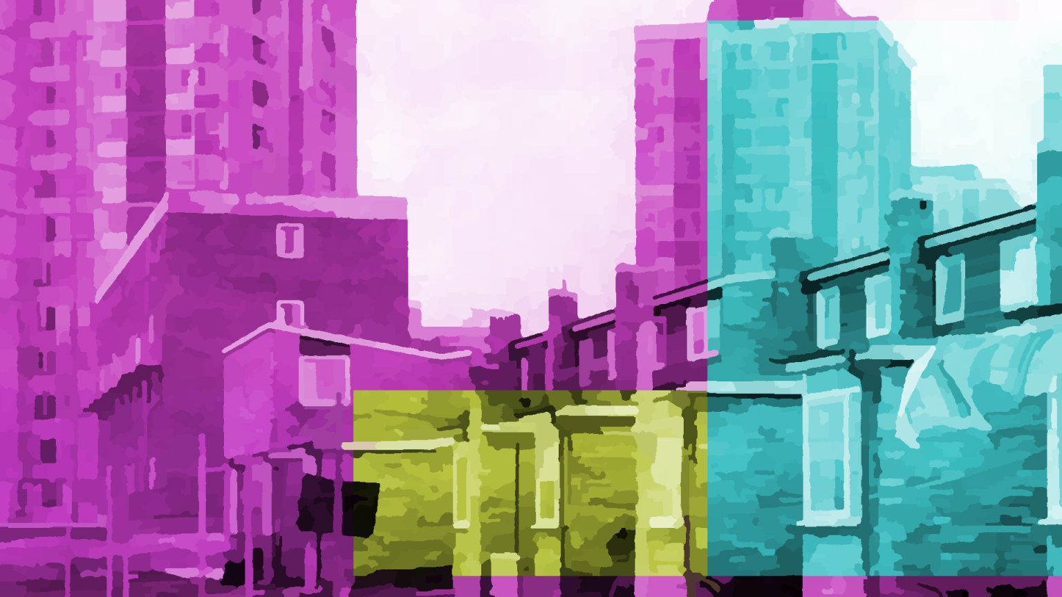 Abstract digital artwork of urban housing, with a mix of high-rise flats and terraced houses in bold purple, blue, and yellow tones. Represents members talking disability housing and accessibility challenges in the built environment.