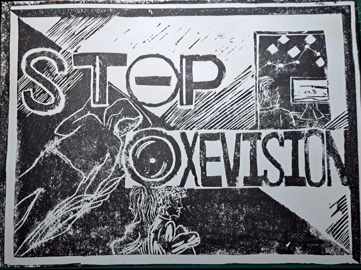 Oxevision Lampard Inquiry NHS surveillance - A black and white hand-printed poster with the words “STOP OXEVISION.” The text is surrounded by images including a person slumped over, another figure looking at a screen in a room decorated with lights, and a third figure sitting or kneeling. The style is expressive, with rough textures and bold line work