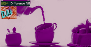Disability Rights Community, Darlington. Stylised image with a purple background and purple overlay. A teapot pours liquid into a teacup that is already stacked inside another teacup, causing it to overflow. To the left is a sugar pot with a spoon, and to the right is a decorated cake topped with macarons and fruit. At the top left, there are two logos: the "Difference NE" logo with the text “Do you want to fight for disability rights? Join!” and a second logo reading “D.A.D” with teal letters bursting through a red brick wall.
