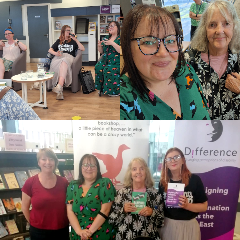 A collage showing moments from a book launch. Top left: Three disabled speakers sit in armchairs during the “Ramping Up Rights” event at Stockton Library. The person in the centre holds a microphone and wears a T-shirt that reads '#TakingThePIP.' Top right: two women smiling for a selfie. Bottom left: three women standing in front of a banner with books behind them. Bottom right: a panellist holds two books while standing in front of a Difference North East banner.