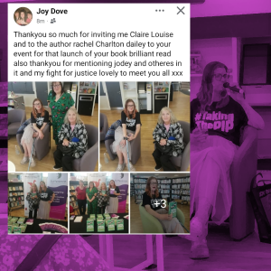 A Facebook post from Joy Dove thanking Claire Louise and author Rachel Charlton-Dailey for the book launch event, mentioning her daughter Jodey. Below the post are six event photos, including group shots, books on a table, and Rachel speaking. The background of the image includes a purple-tinted photo of Rachel holding a microphone.