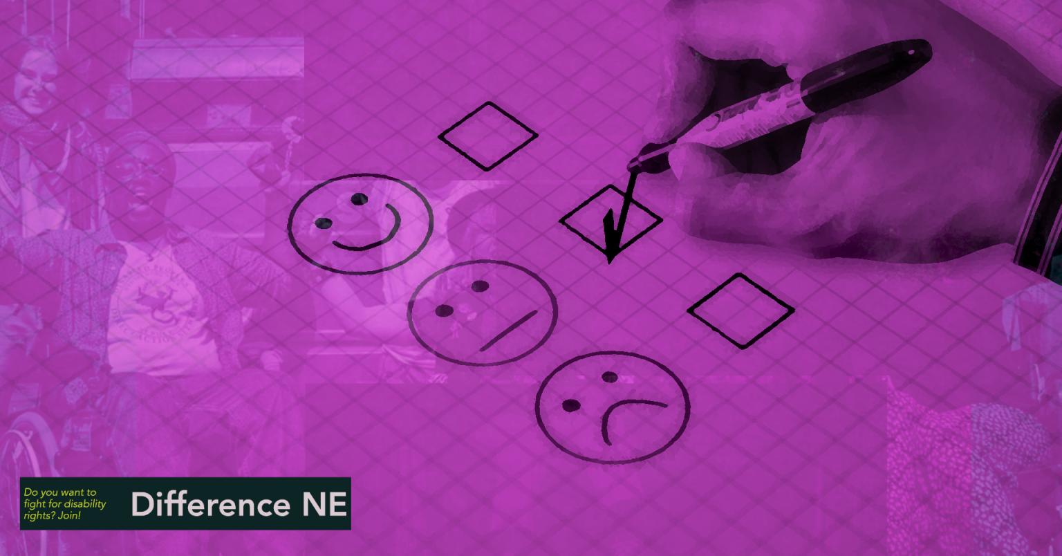 Your Voice Shapes Change - Disability Survey, A stylized graphic featuring a hand holding a marker and ticking a checkbox next to a smiling face on a feedback survey with three options: happy, neutral, and sad faces. The background is a purple grid overlay with a faint image of disabled activists in wheelchairs, smiling and raising their hands. In the bottom left corner, text reads: “Do you want to fight for disability rights? Join!” and “Difference NE.”