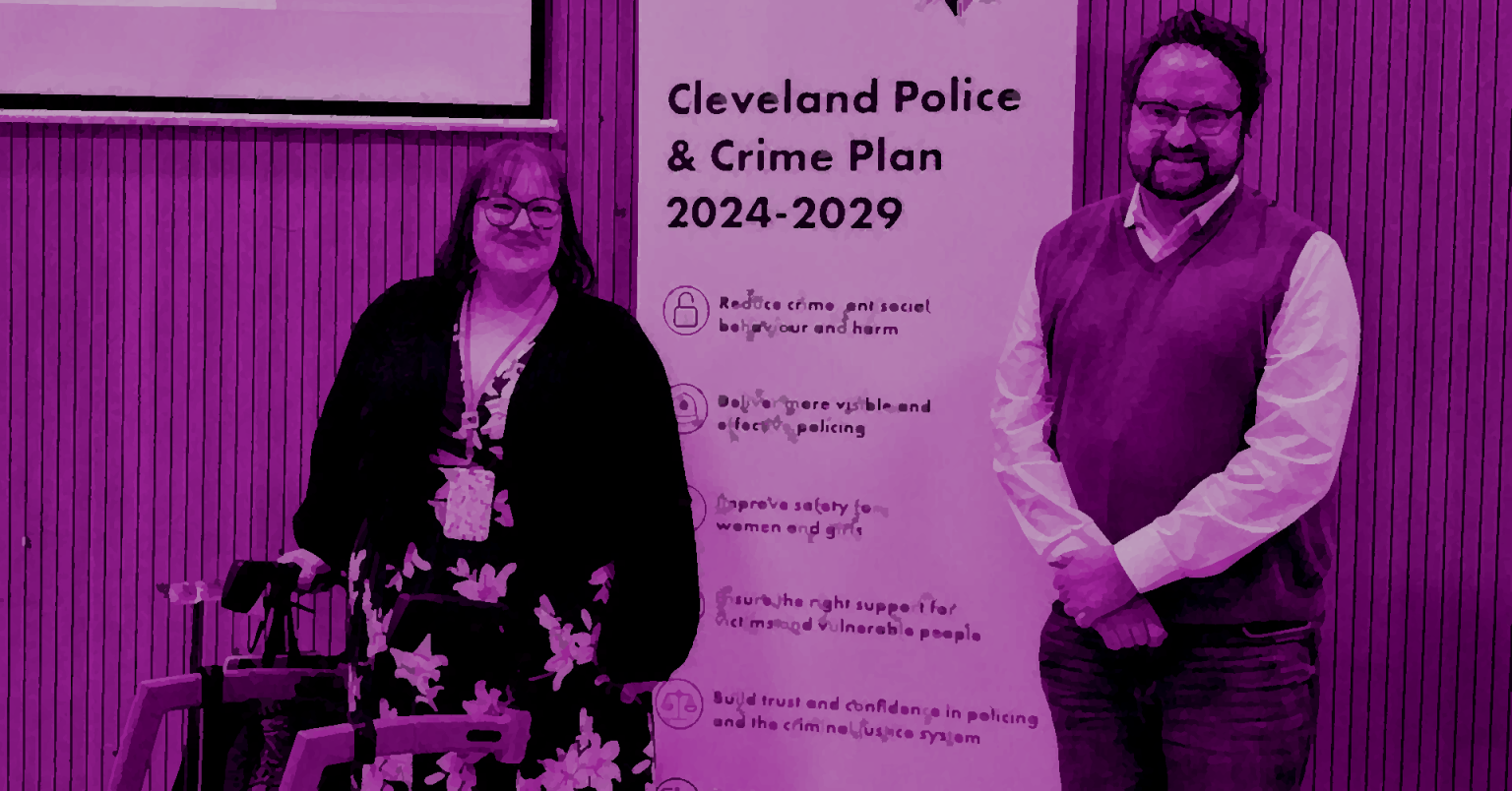 Community event promoting Cleveland Police & Crime Plan 2024–2029 highlighting priorities such as improving safety and tackling Cleveland Disability Hate Crime, with Difference Members standing beside awareness banner and with PCC Matt Storey