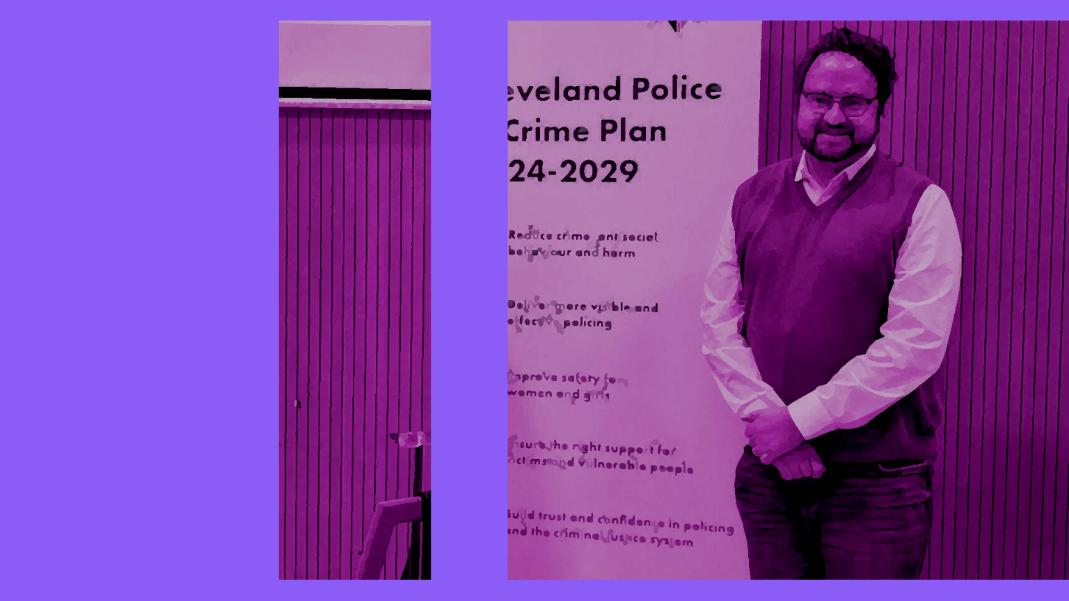 Community event promoting Cleveland Police & Crime Plan 2024–2029 highlighting priorities such as improving safety and tackling Cleveland Disability Hate Crime, with Difference Members standing beside awareness banner and with PCC Matt Storey