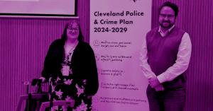 Community event promoting Cleveland Police & Crime Plan 2024–2029 highlighting priorities such as improving safety and tackling Cleveland Disability Hate Crime, with Difference Members standing beside awareness banner and with PCC Matt Storey