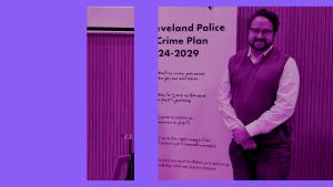 Community event promoting Cleveland Police & Crime Plan 2024–2029 highlighting priorities such as improving safety and tackling Cleveland Disability Hate Crime, with Difference Members standing beside awareness banner and with PCC Matt Storey