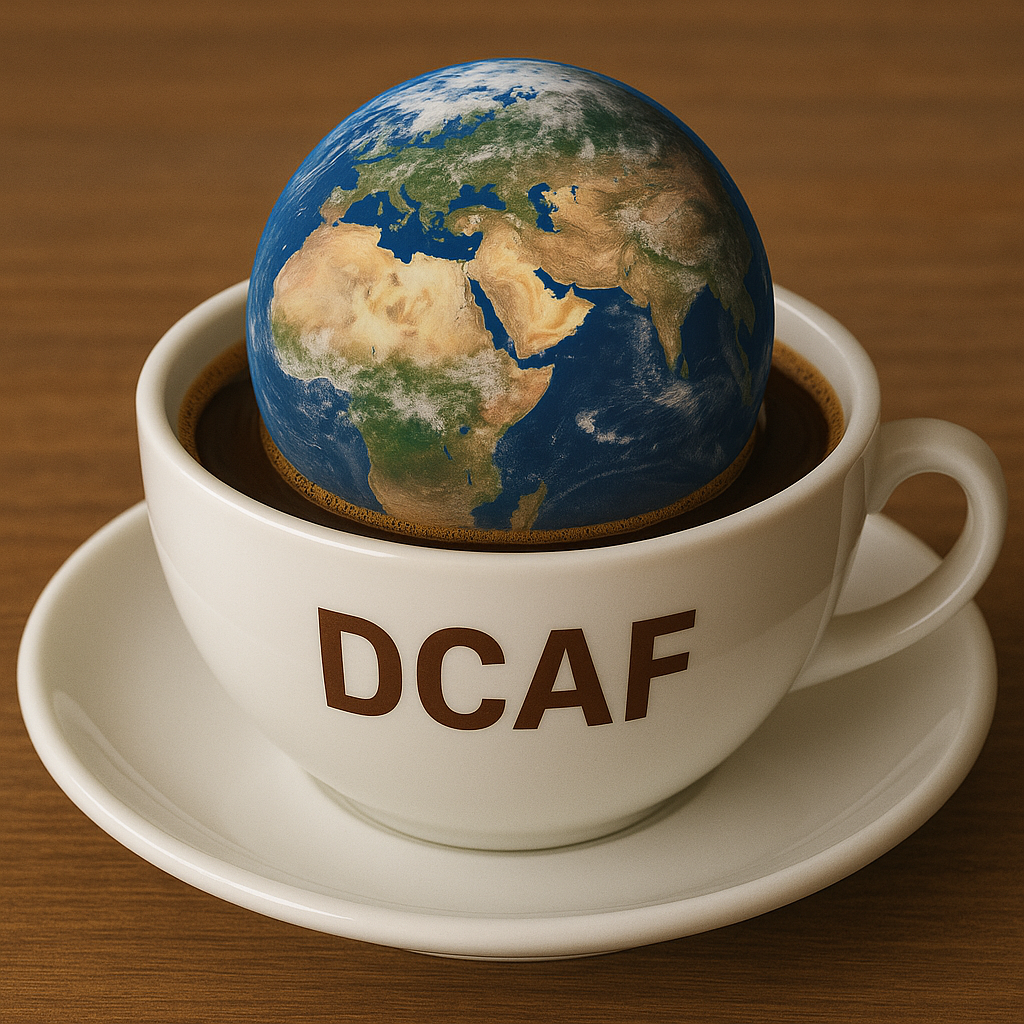 A cup of coffee with plant Earth inside with the writing DCAF on it