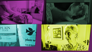 True Cost of Gluten-Free Living. Collage of images from the BBC segment about the NHS consultation. Image is colourise yellow, blue and purple.