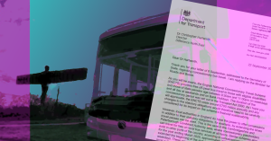Minister Responds All-Day Bus Access. A bus in front of the angel of the north.