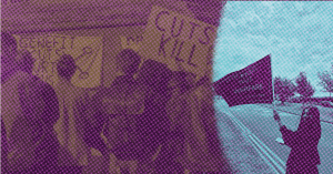 Zine Workshop, Disability History Month. Two contrasting scenes of disability activism blended together with a purple and blue halftone pattern. On the left, a group of protesters hold banners reading “Benefits Cuts Kill” and “DPAC.” On the right, a person stands by a roadside holding a flag that reads “Welfare Not Warfare