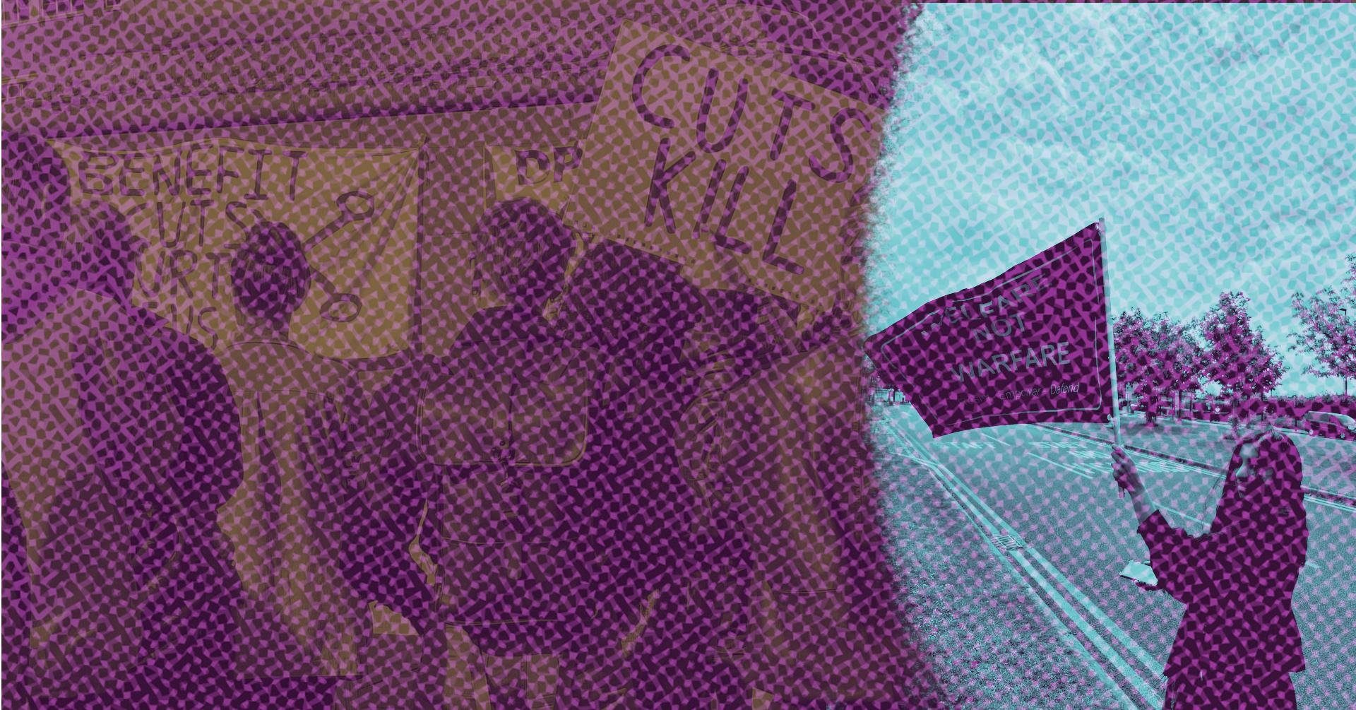 Zine Workshop, Disability History Month. Two contrasting scenes of disability activism blended together with a purple and blue halftone pattern. On the left, a group of protesters hold banners reading “Benefits Cuts Kill” and “DPAC.” On the right, a person stands by a roadside holding a flag that reads “Welfare Not Warfare