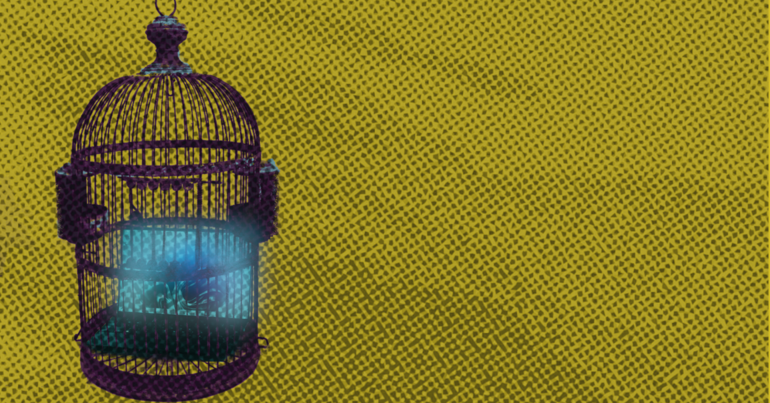 How accessible is your online presence for disabled people: A laptop with a glowing turquoise or cyan screen enclosed within a decorative vintage birdcage with dark purple or black metal bars, suspended against a yellow background with a halftone dot pattern.