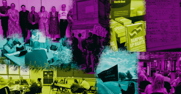 A collage showing Difference North East community activities with purple, yellow, and teal overlays. Features disabled activists at meetings, protest actions with "Benefit or Bust" and "Cuts Kill" signs, Books with title reading "Ramping Up Rights", and a sign stating "Eat More Warfare". Images show collective organizing, direct action, and disability rights campaigning across the North East.