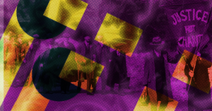 Finding Power in Disability History. Historic images of disability protest. Overlaid with colourful geometric patterns