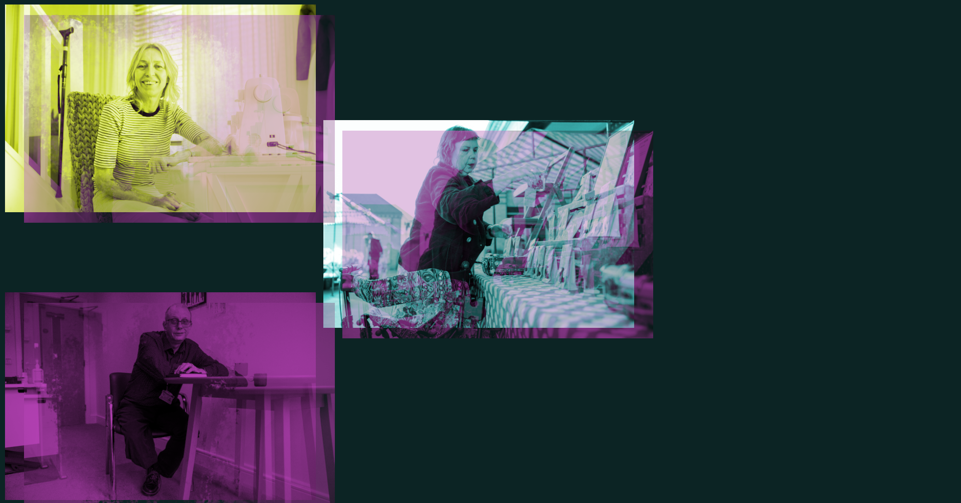 Photographs from Reclaiming the Normal, a disability representation photography exhibition in Newcastle by Difference North East. Images show disabled people in everyday life: a woman smiling beside a sewing machine, a man with a leg amputation sitting at a table, and a woman running a market stall.