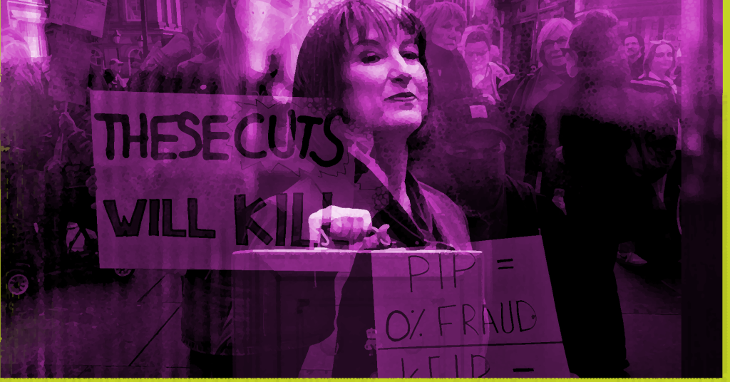 Autumn Budget Disabled People The chancellor stands holding the red budget box. overlaid people in a crowd holding protest signs that read "THESE CUTS WILL KILL" and "PIP = 0% FRAUD," with a purple tint over the image.