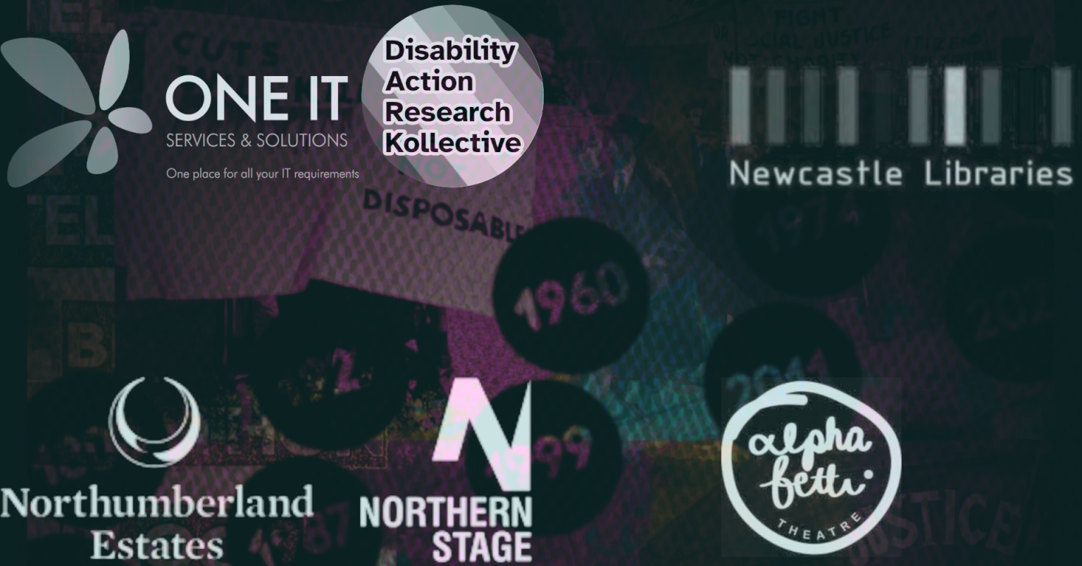 Support Makes Work Possible: Collage-style graphic featuring the logos of organisations that support Difference North East. Visible logos include: ONE IT Services & Solutions, Disability Action Research Kollective, Newcastle Libraries, Northumberland Estates, Northern Stage, and Alphabetti Theatre. The background is dark with layered textures and circular date markers.