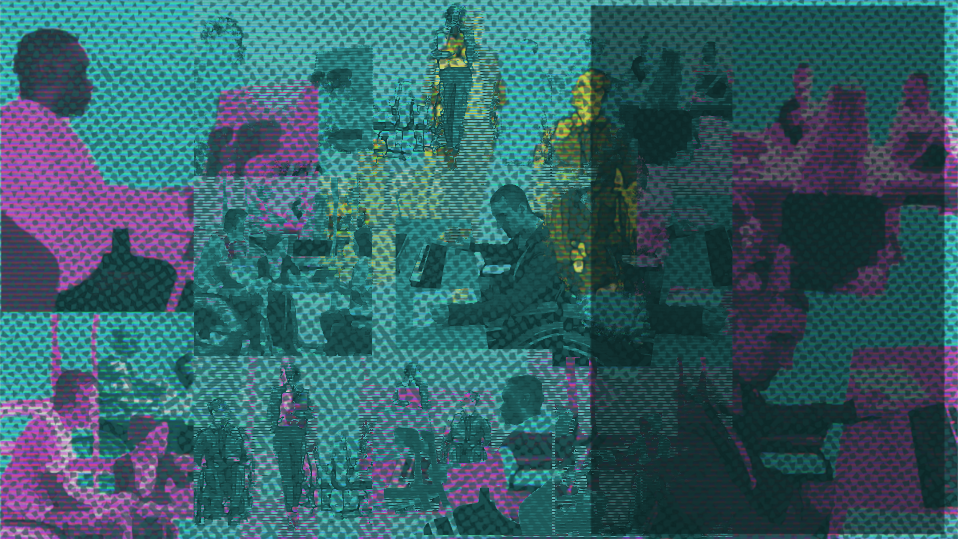 Real Stories Shape Employment: A heavily distorted images showing disabled people in various work settings. The image has significant digital glitching effects with purple and cyan colour shifts, horizontal scan lines, and pixelated artifacts that obscure details. The corruption creates a halftone dot pattern overlay throughout, giving it a degraded VHS or digital transmission error aesthetic.