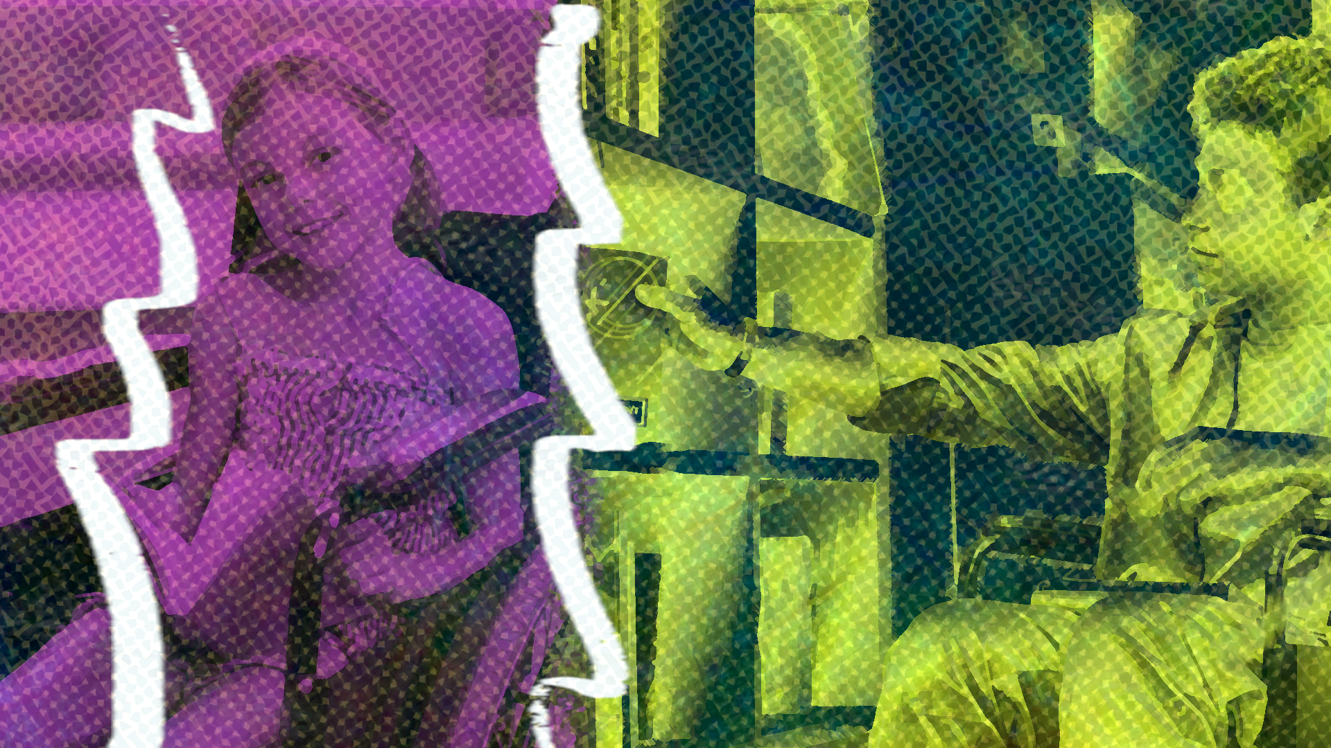 Donate Books This Disability History Month: Split-screen duotone image separated by bold white zigzag border: left side shows a young wheelchair user with glasses reading a book in vibrant magenta; right side shows a wheelchair user reaching for colorful children's books on shelves in yellow-green tones, creating a halftone print effect